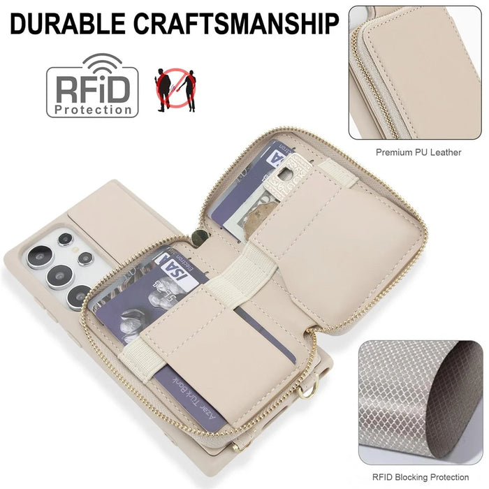 For Samsung Galaxy S23 Ultra Case RFID Blocking Zipper Wallet Leather + TPU Phone Cover with Shoulder Strap - Apricot - 4