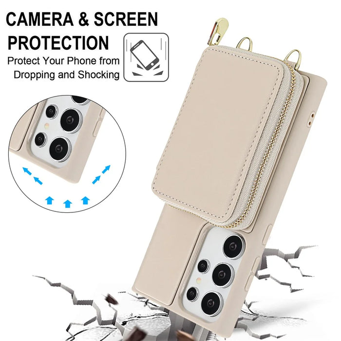 For Samsung Galaxy S23 Ultra Case RFID Blocking Zipper Wallet Leather + TPU Phone Cover with Shoulder Strap - Apricot - 6