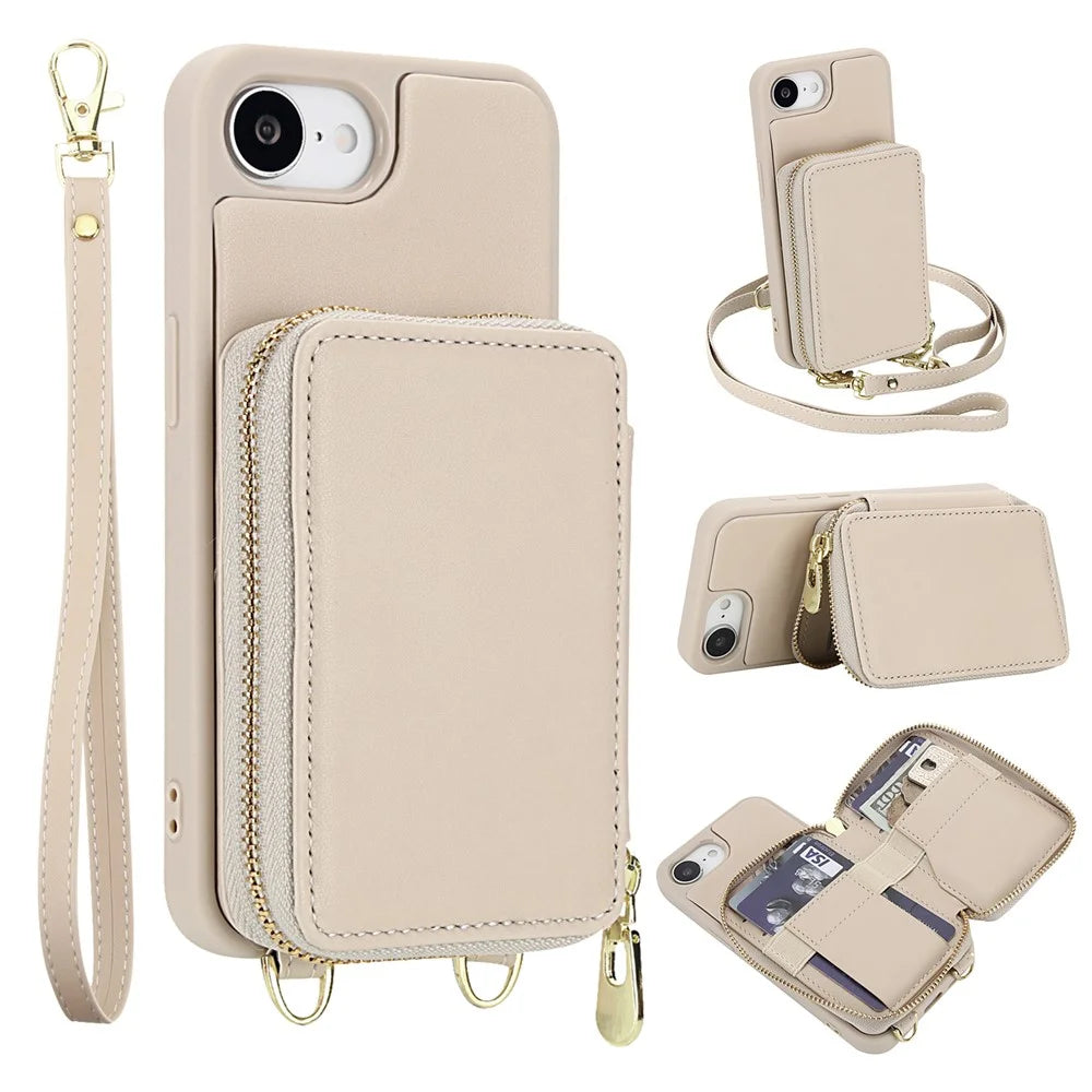 For iPhone 17e / 16e Case RFID Blocking Zipper Wallet Leather + TPU iPhone Cover with Shoulder Strap - Apricot - 1