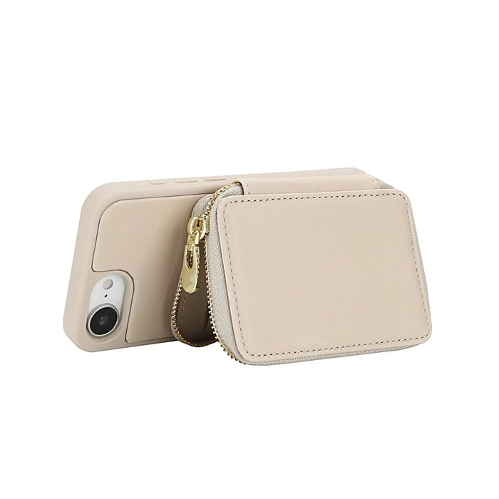 For iPhone 17e / 16e Case RFID Blocking Zipper Wallet Leather + TPU iPhone Cover with Shoulder Strap - Apricot - 2