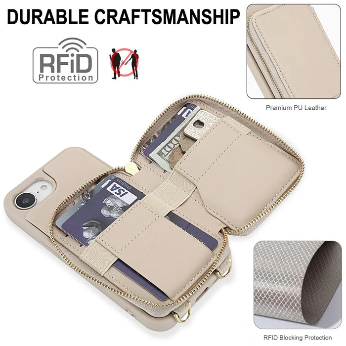 For iPhone 17e / 16e Case RFID Blocking Zipper Wallet Leather + TPU iPhone Cover with Shoulder Strap - Apricot - 4