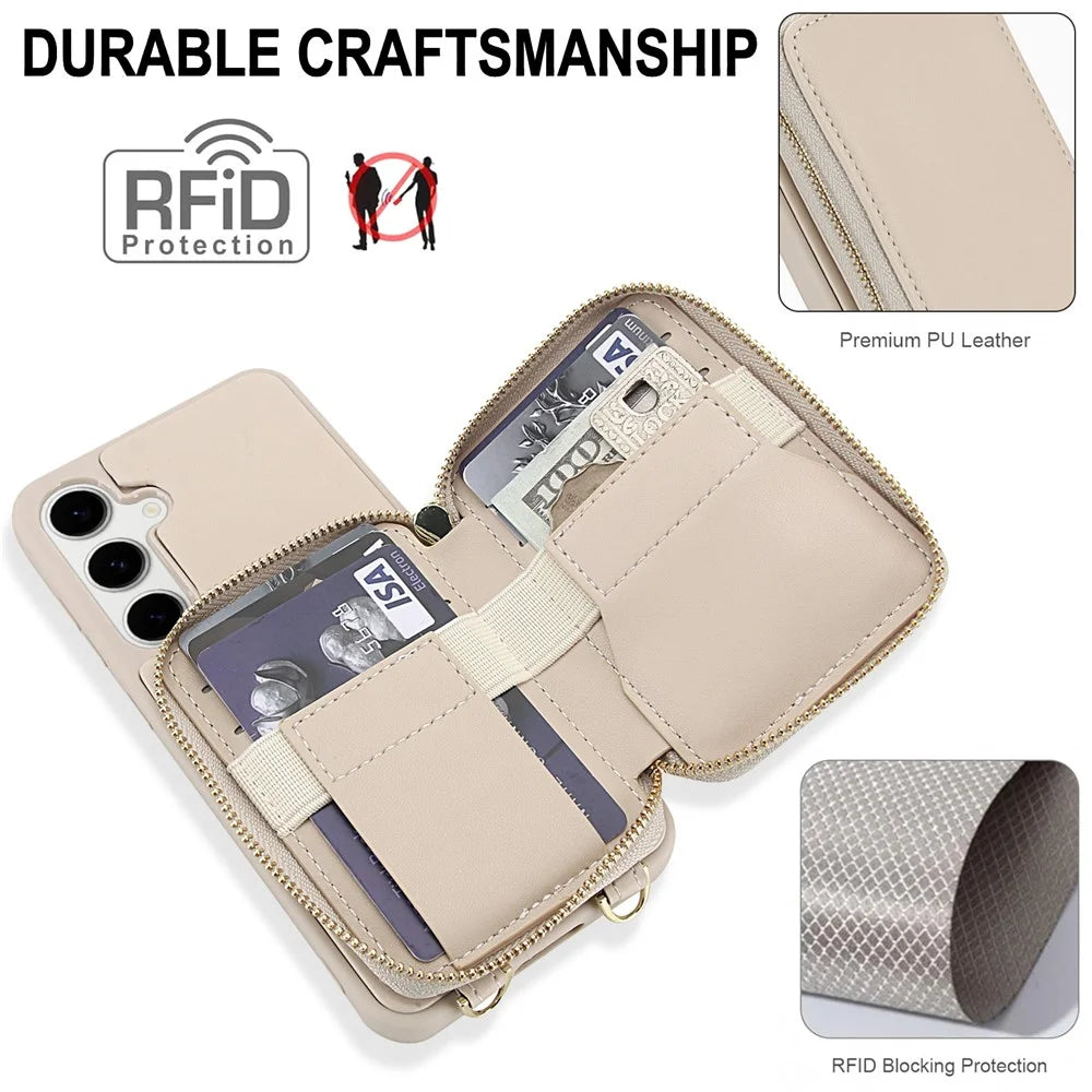For Samsung Galaxy S23 FE Case RFID Blocking Zipper Wallet Leather + TPU Phone Cover with Shoulder Strap - Apricot - 4
