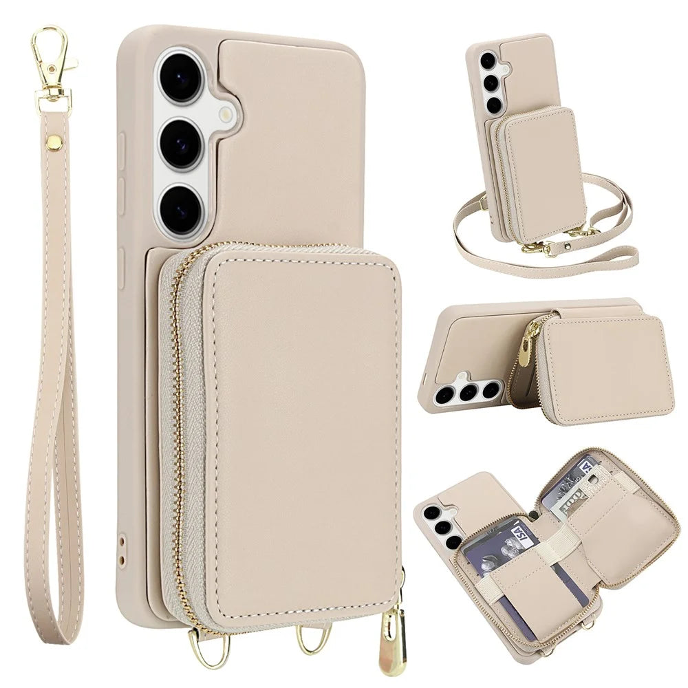 For Samsung Galaxy S25 / S24 Case RFID Blocking Zipper Wallet Leather + TPU Phone Cover with Shoulder Strap - Apricot - 1
