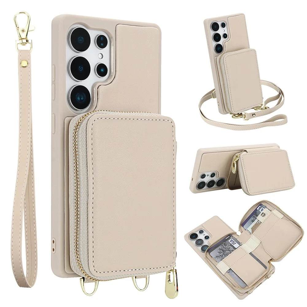 For Samsung Galaxy S25 Ultra Case RFID Blocking Zipper Wallet Leather + TPU Phone Cover with Shoulder Strap - Apricot - 1