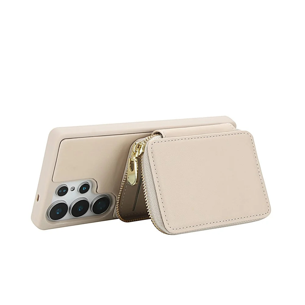 For Samsung Galaxy S25 Ultra Case RFID Blocking Zipper Wallet Leather + TPU Phone Cover with Shoulder Strap - Apricot - 2