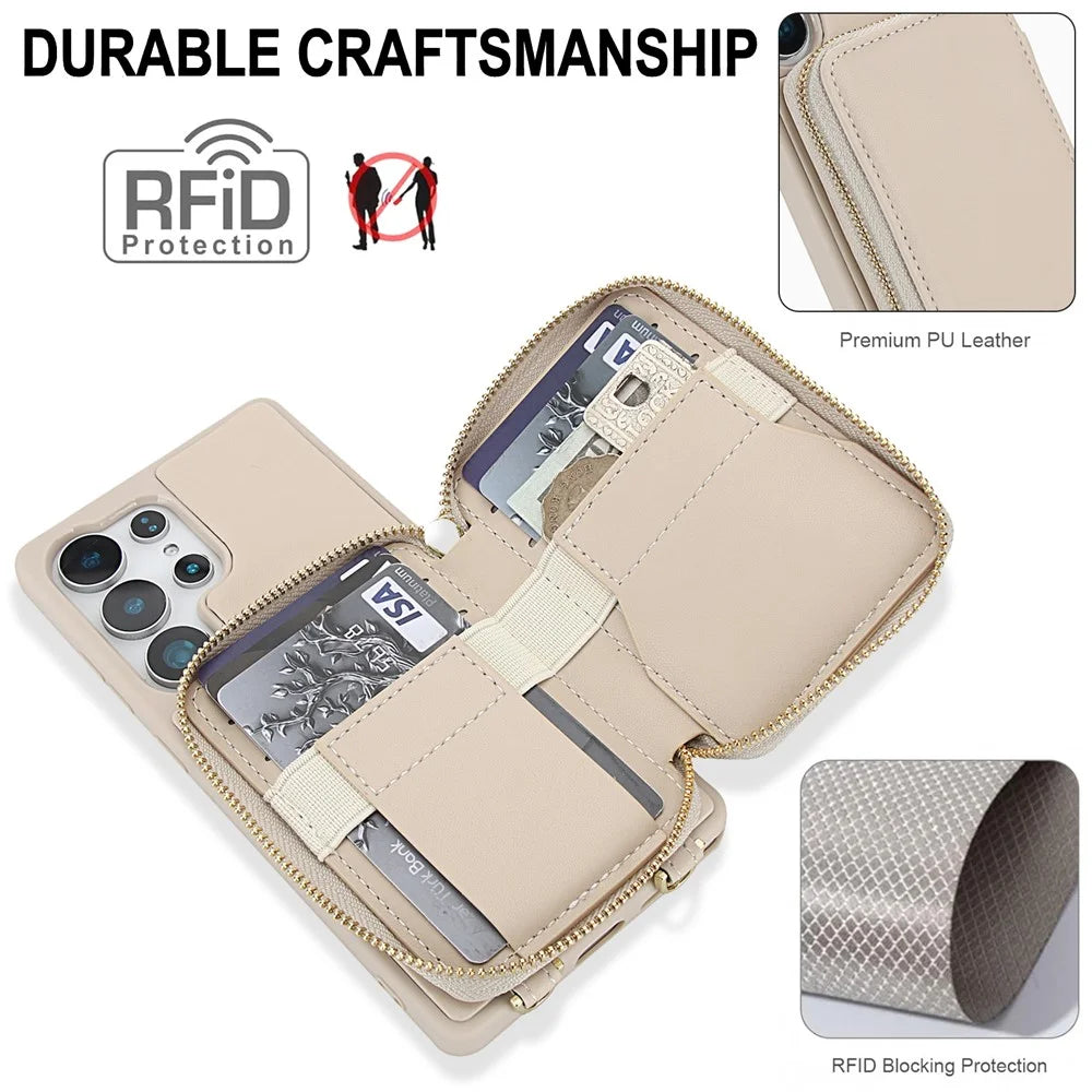 For Samsung Galaxy S25 Ultra Case RFID Blocking Zipper Wallet Leather + TPU Phone Cover with Shoulder Strap - Apricot - 4