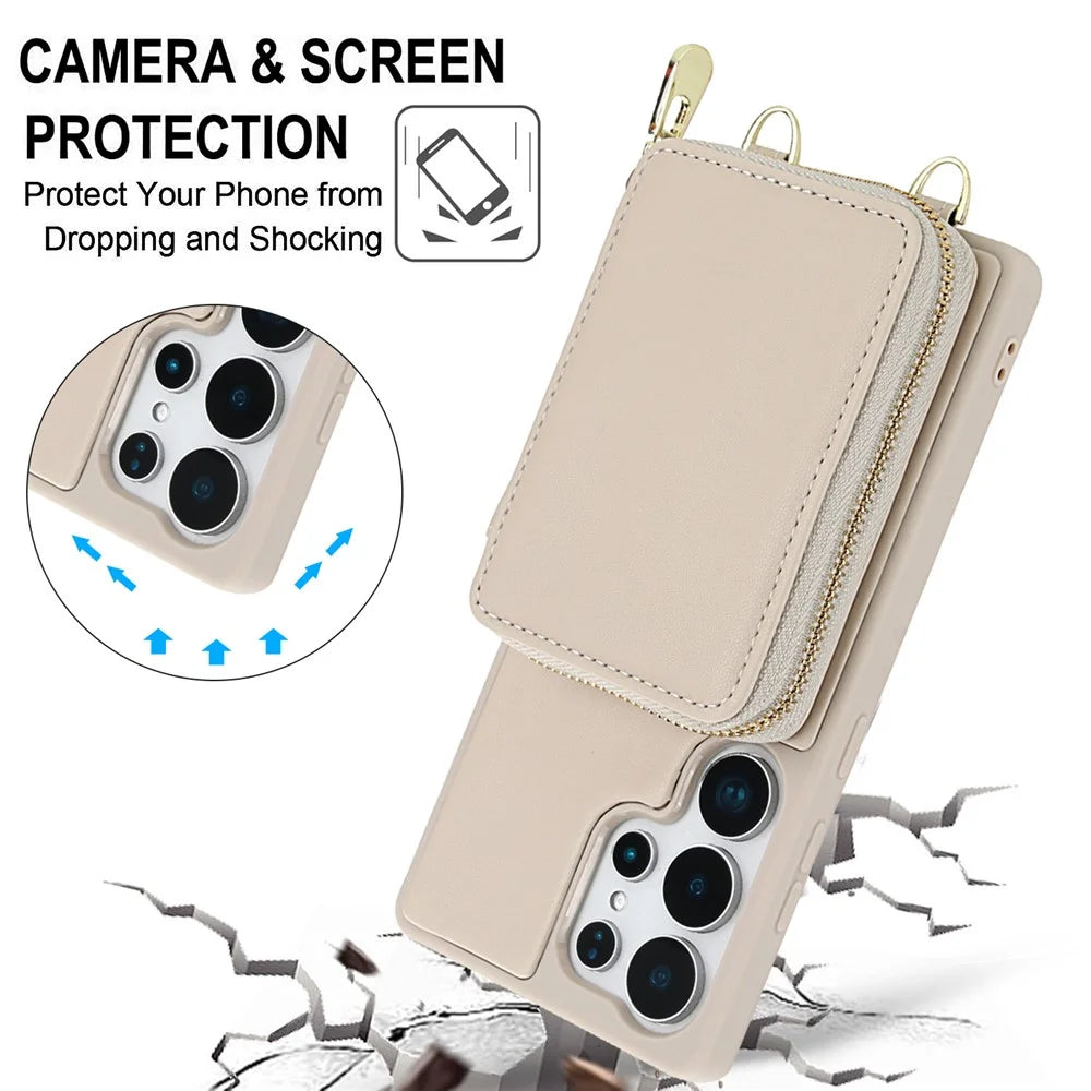 For Samsung Galaxy S25 Ultra Case RFID Blocking Zipper Wallet Leather + TPU Phone Cover with Shoulder Strap - Apricot - 6