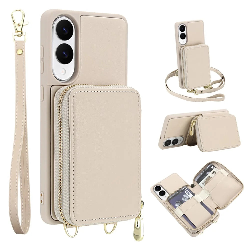 For Samsung Galaxy S25 Edge Case RFID Blocking Zipper Wallet Leather + TPU Phone Cover with Shoulder Strap - Apricot - 1