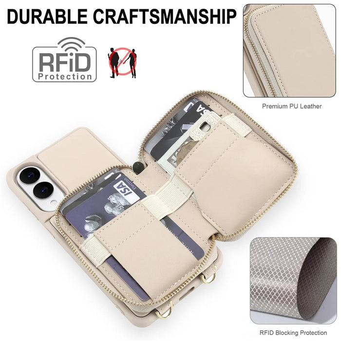 For Samsung Galaxy S25 Edge Case RFID Blocking Zipper Wallet Leather + TPU Phone Cover with Shoulder Strap - Apricot - 4