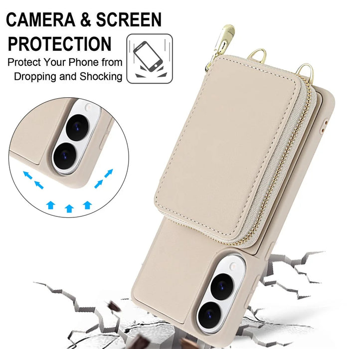 For Samsung Galaxy S25 Edge Case RFID Blocking Zipper Wallet Leather + TPU Phone Cover with Shoulder Strap - Apricot - 6
