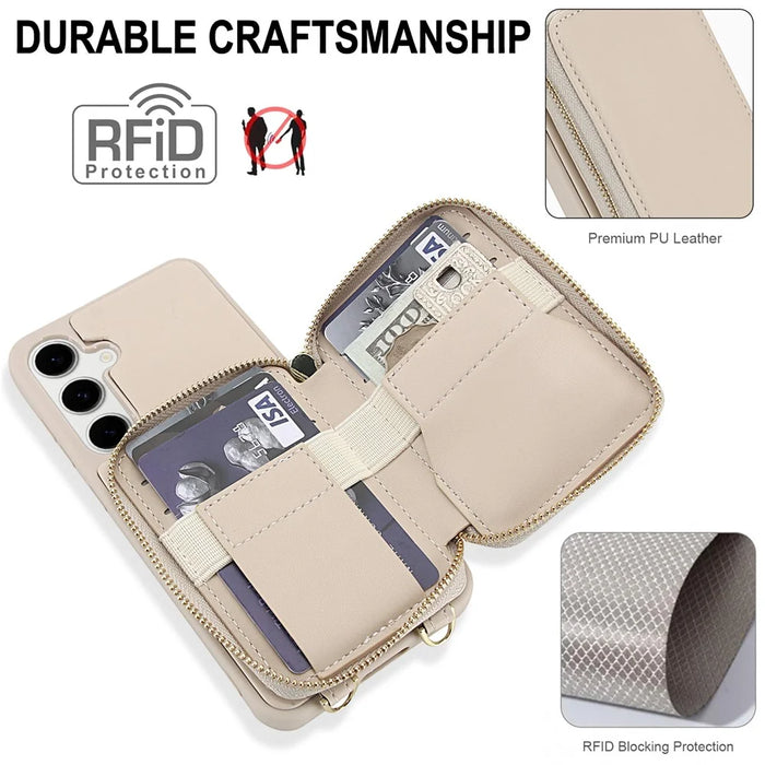 For Samsung Galaxy A18 5G / A18 4G / A17 5G / A17 4G / A26 5G Case RFID Blocking Zipper Wallet Leather + TPU Phone Cover with Shoulder Strap - Apricot - 4