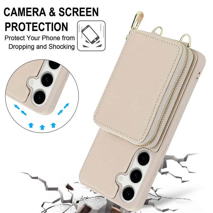 For Samsung Galaxy A18 5G / A18 4G / A17 5G / A17 4G / A26 5G Case RFID Blocking Zipper Wallet Leather + TPU Phone Cover with Shoulder Strap - Apricot - 6