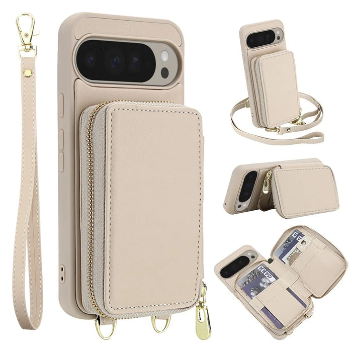 For Google Pixel 9 / 9 Pro Case RFID Blocking Zipper Wallet Leather + TPU Phone Cover with Shoulder Strap - Apricot - 1