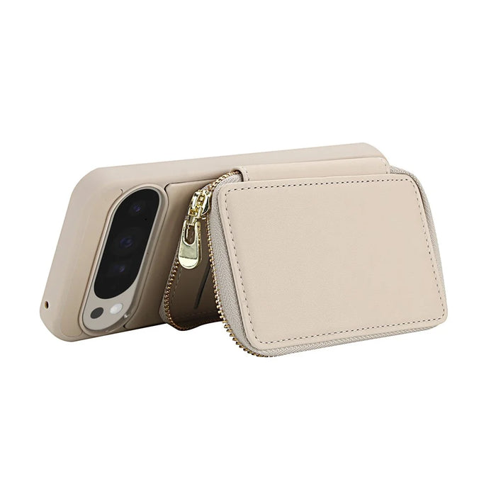 For Google Pixel 9 / 9 Pro Case RFID Blocking Zipper Wallet Leather + TPU Phone Cover with Shoulder Strap - Apricot - 2