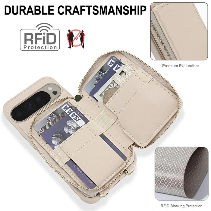 For Google Pixel 9 / 9 Pro Case RFID Blocking Zipper Wallet Leather + TPU Phone Cover with Shoulder Strap - Apricot - 4