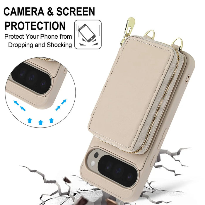 For Google Pixel 9 / 9 Pro Case RFID Blocking Zipper Wallet Leather + TPU Phone Cover with Shoulder Strap - Apricot - 6