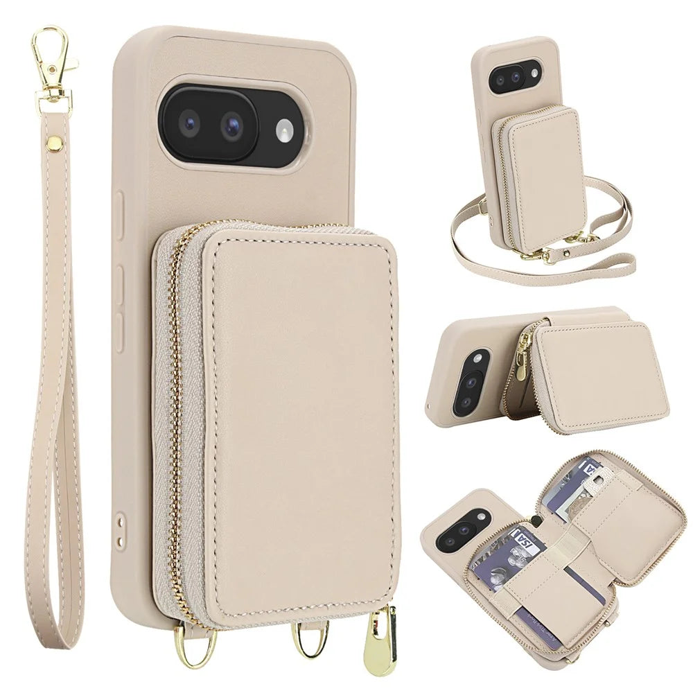 For Google Pixel 9a Case RFID Blocking Zipper Wallet Leather + TPU Phone Cover with Shoulder Strap - Apricot - 1