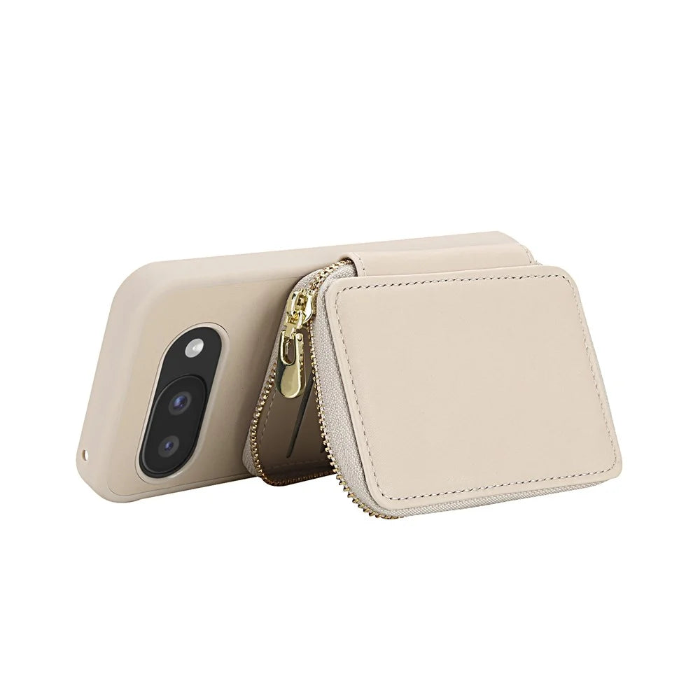 For Google Pixel 9a Case RFID Blocking Zipper Wallet Leather + TPU Phone Cover with Shoulder Strap - Apricot - 2