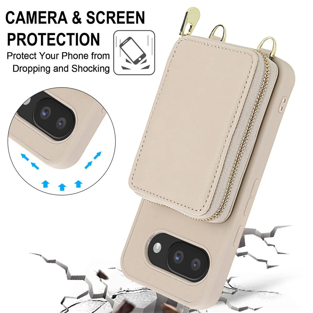 For Google Pixel 9a Case RFID Blocking Zipper Wallet Leather + TPU Phone Cover with Shoulder Strap - Apricot - 6