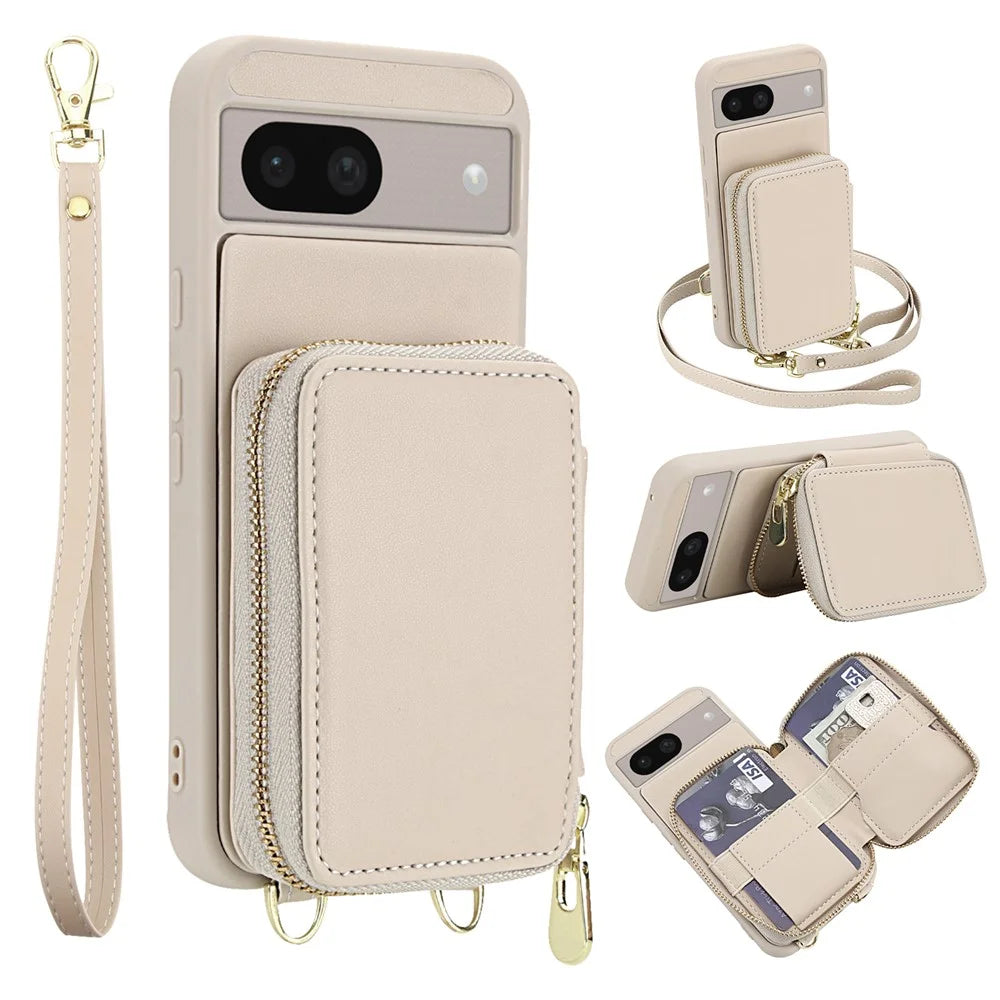 For Google Pixel 8a Case RFID Blocking Zipper Wallet Leather + TPU Phone Cover with Shoulder Strap - Apricot - 1