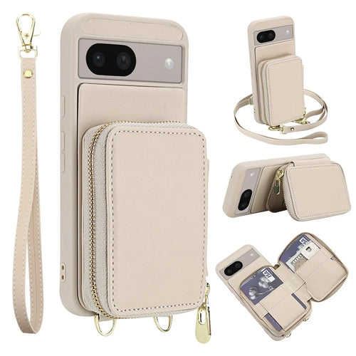 For Google Pixel 8a Case RFID Blocking Zipper Wallet Leather + TPU Phone Cover with Shoulder Strap - Apricot - 1