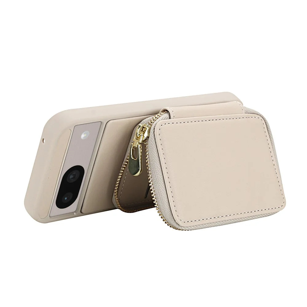 For Google Pixel 8a Case RFID Blocking Zipper Wallet Leather + TPU Phone Cover with Shoulder Strap - Apricot - 2