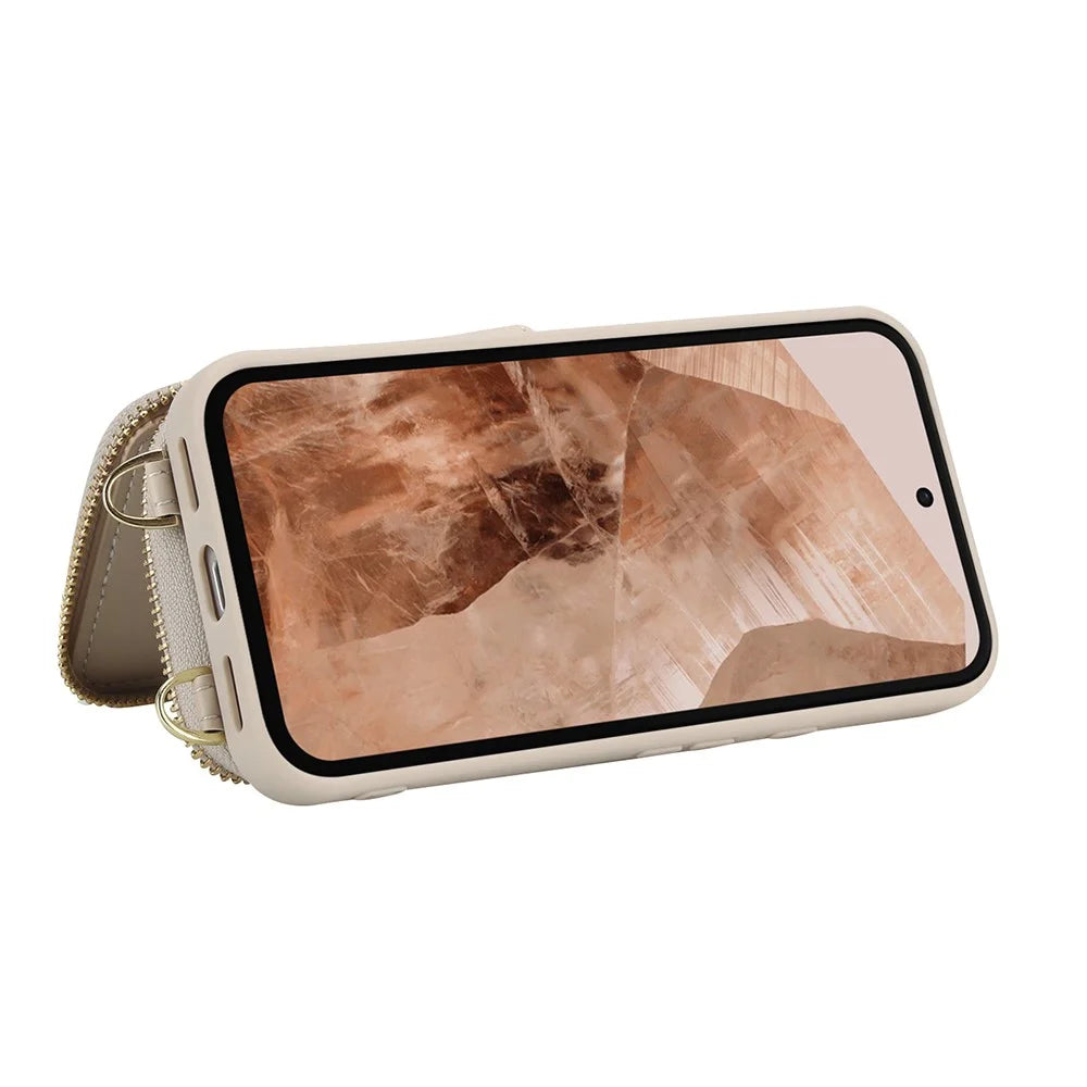 For Google Pixel 8a Case RFID Blocking Zipper Wallet Leather + TPU Phone Cover with Shoulder Strap - Apricot - 3