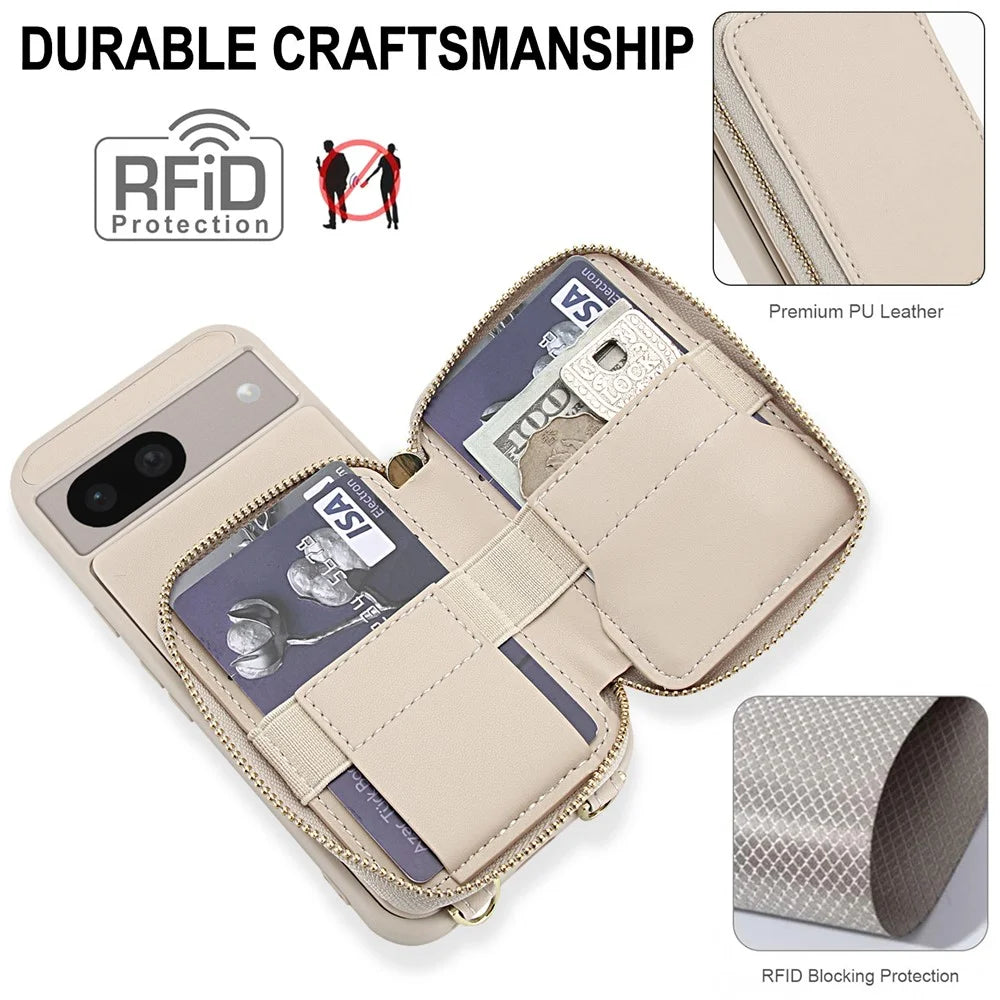 For Google Pixel 8a Case RFID Blocking Zipper Wallet Leather + TPU Phone Cover with Shoulder Strap - Apricot - 4