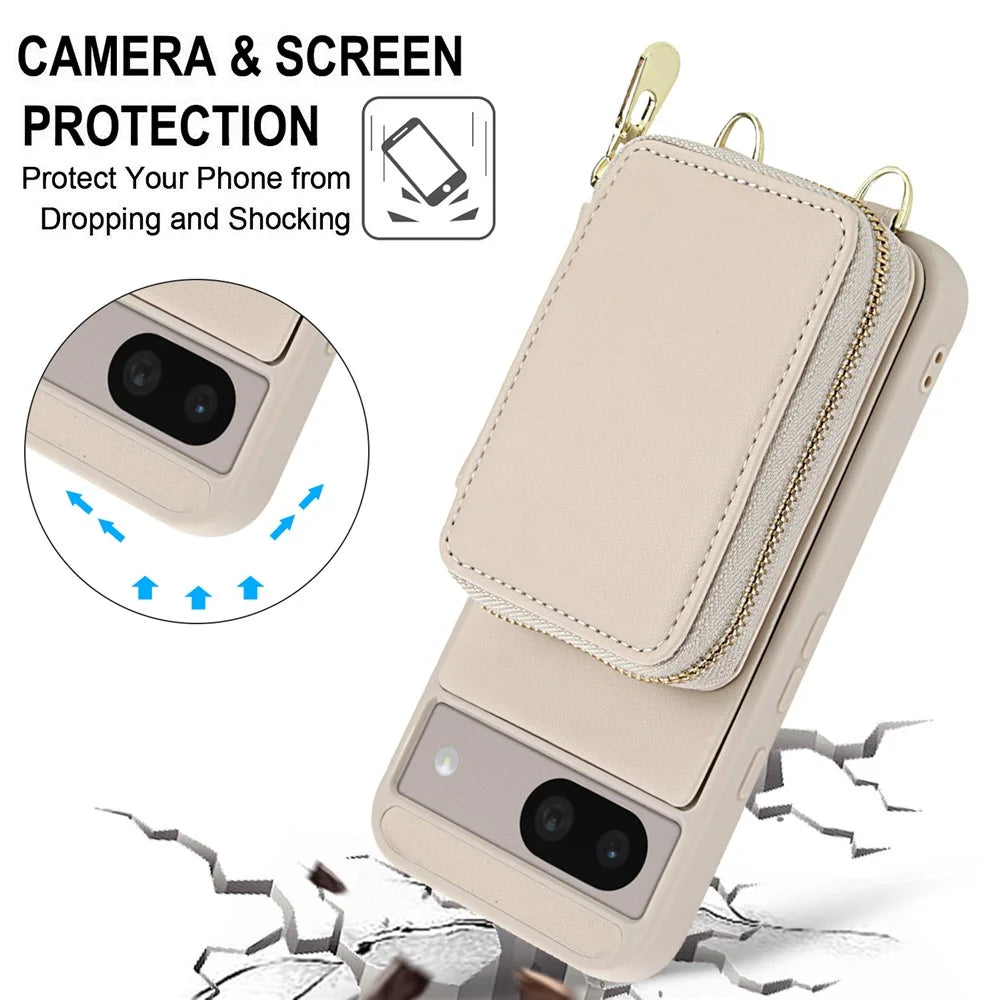 For Google Pixel 8a Case RFID Blocking Zipper Wallet Leather + TPU Phone Cover with Shoulder Strap - Apricot - 6