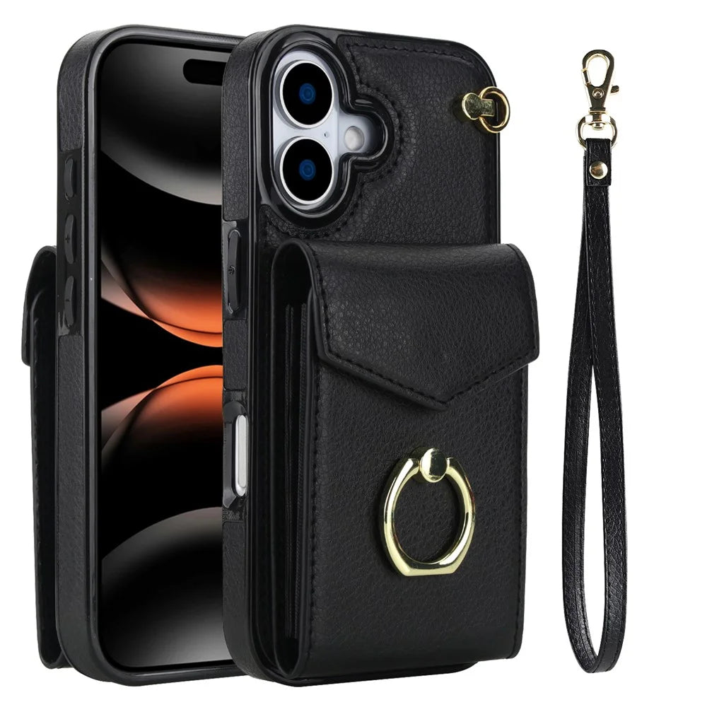 For iPhone 17 Case Leather + TPU Accordion Card Bag Phone Cover with Ring Kickstand - Black - 1