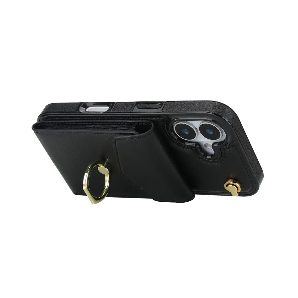 For iPhone 17 Case Leather + TPU Accordion Card Bag Phone Cover with Ring Kickstand - Black - 2