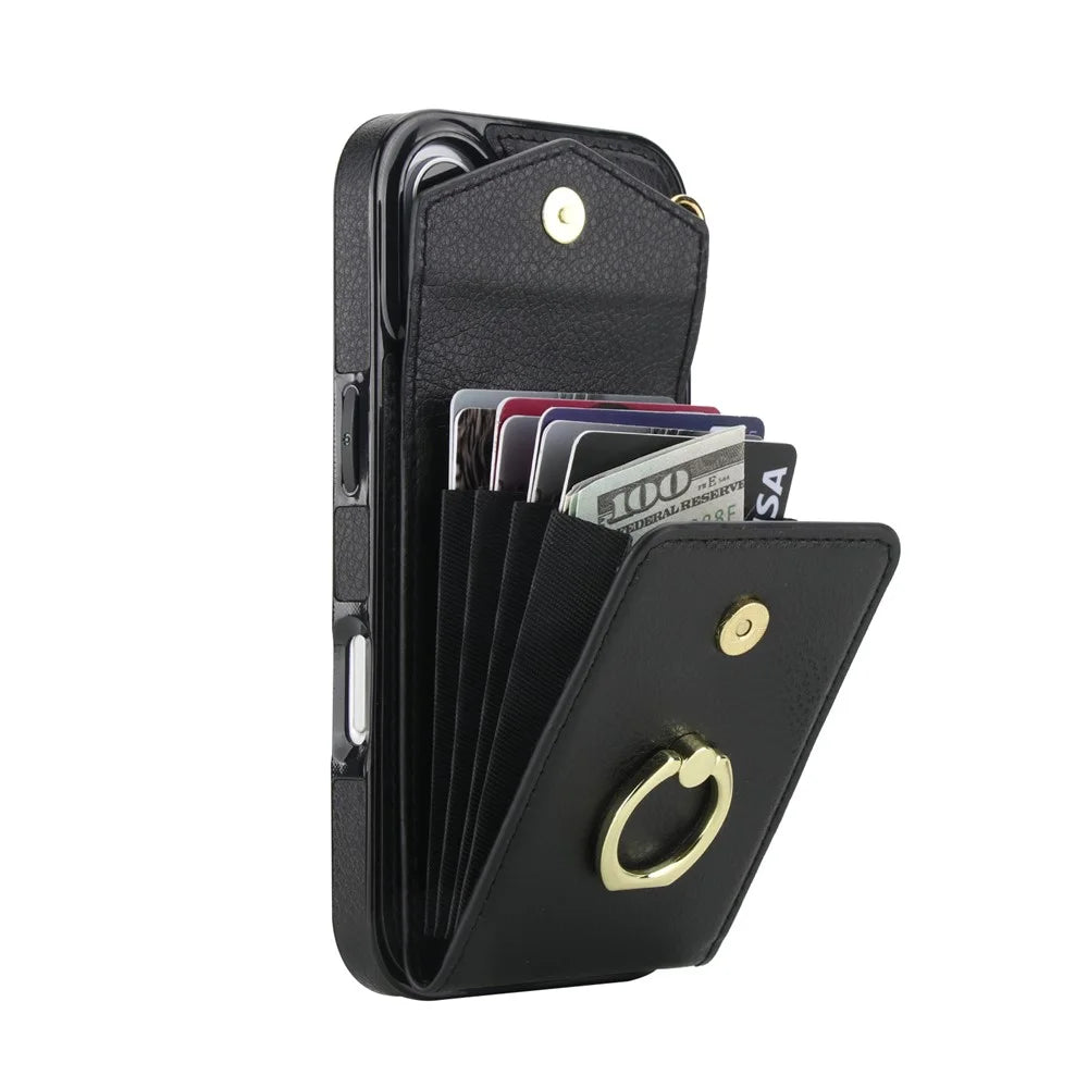 For iPhone 17 Case Leather + TPU Accordion Card Bag Phone Cover with Ring Kickstand - Black - 3