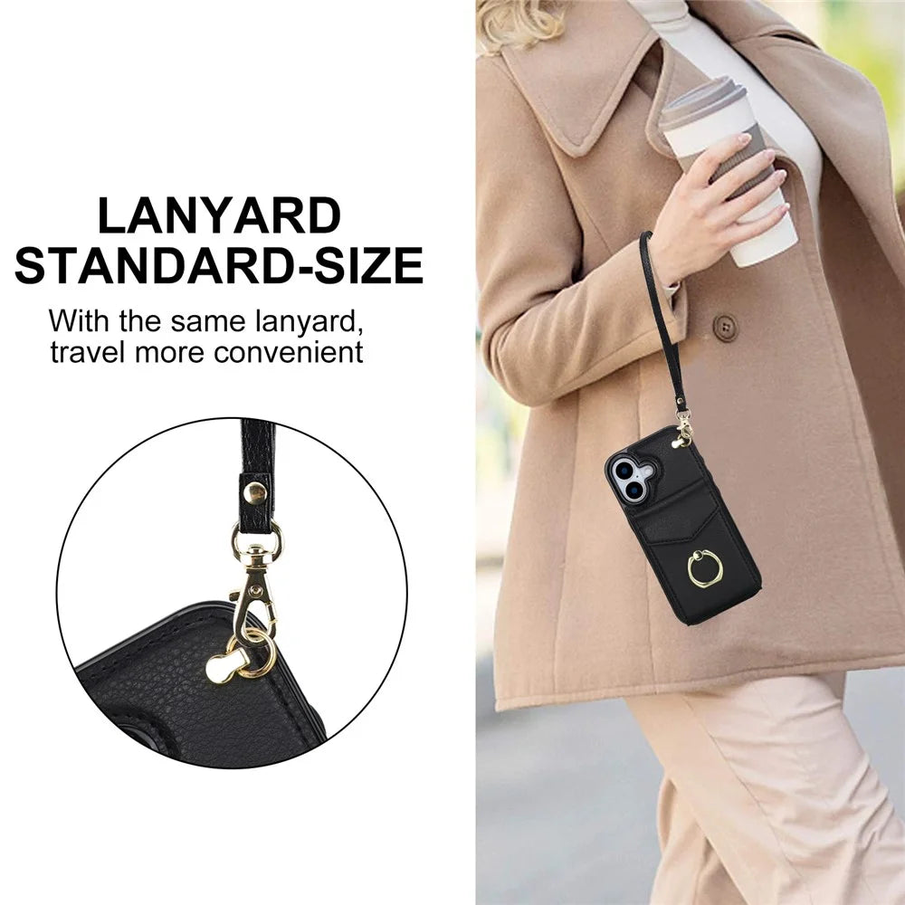 For iPhone 17 Case Leather + TPU Accordion Card Bag Phone Cover with Ring Kickstand - Black - 4