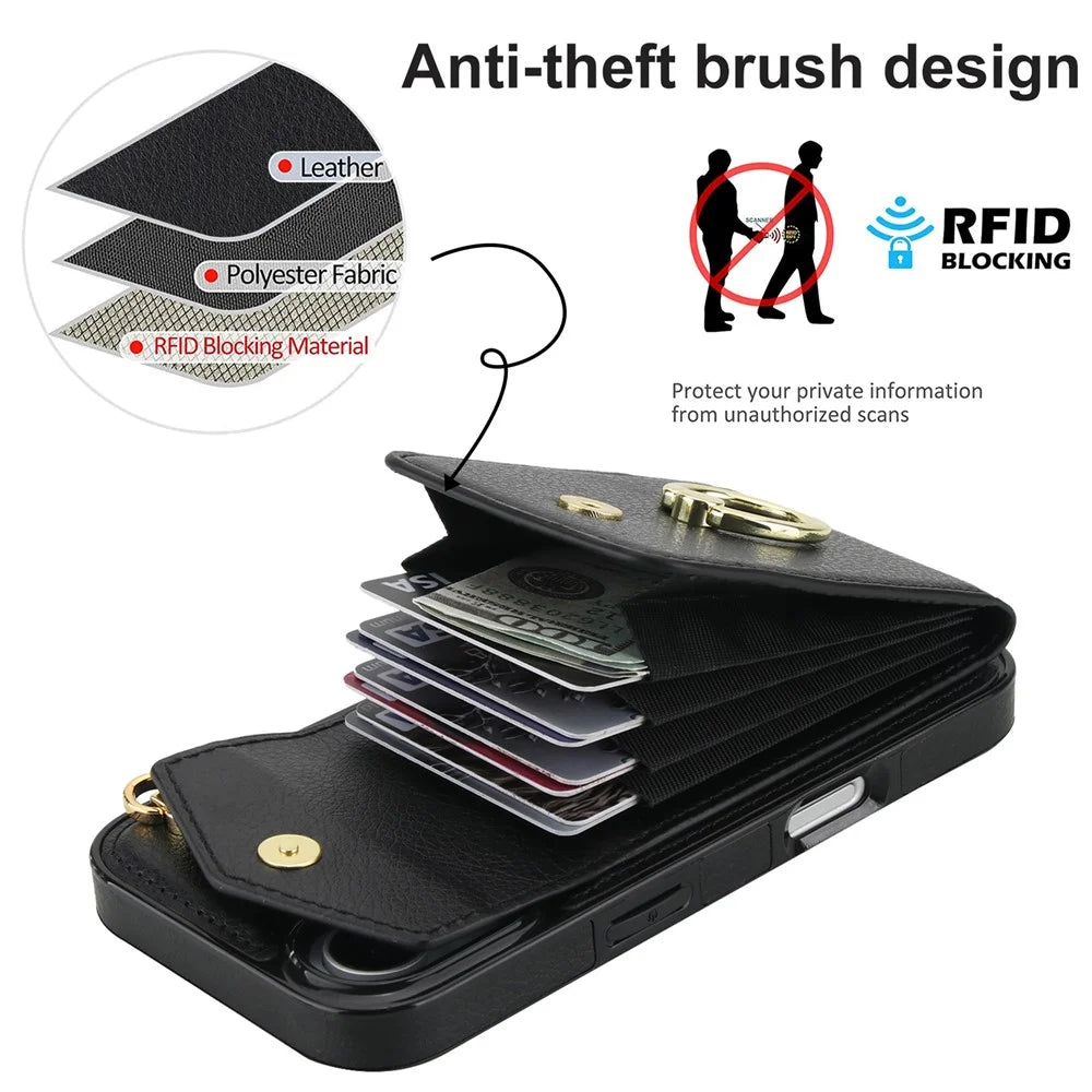 For iPhone 17 Case Leather + TPU Accordion Card Bag Phone Cover with Ring Kickstand - Black - 5