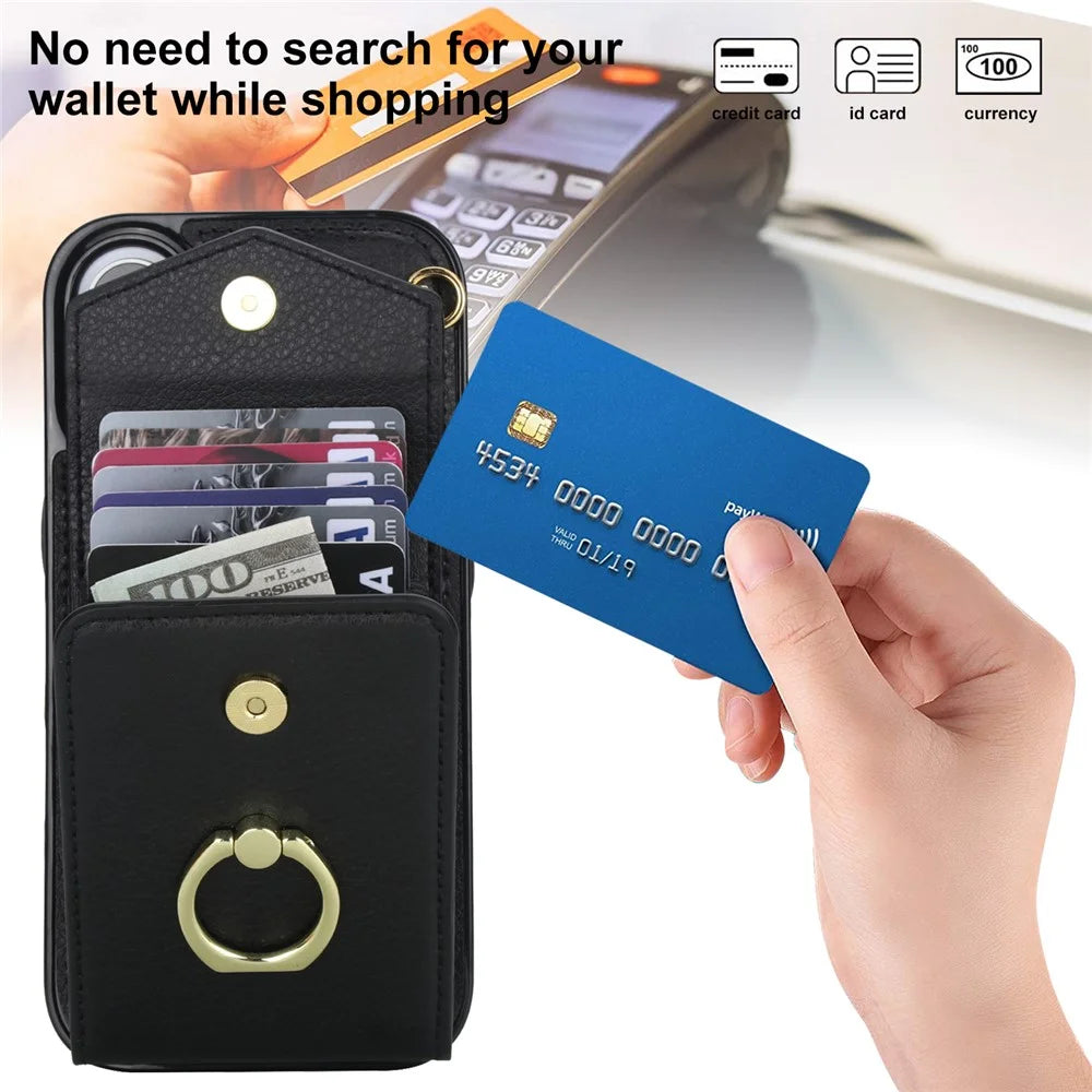 For iPhone 17 Case Leather + TPU Accordion Card Bag Phone Cover with Ring Kickstand - Black - 6