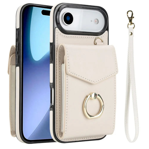 For iPhone Air Case Leather + TPU Accordion Card Bag Phone Cover with Ring Kickstand - Beige - 1