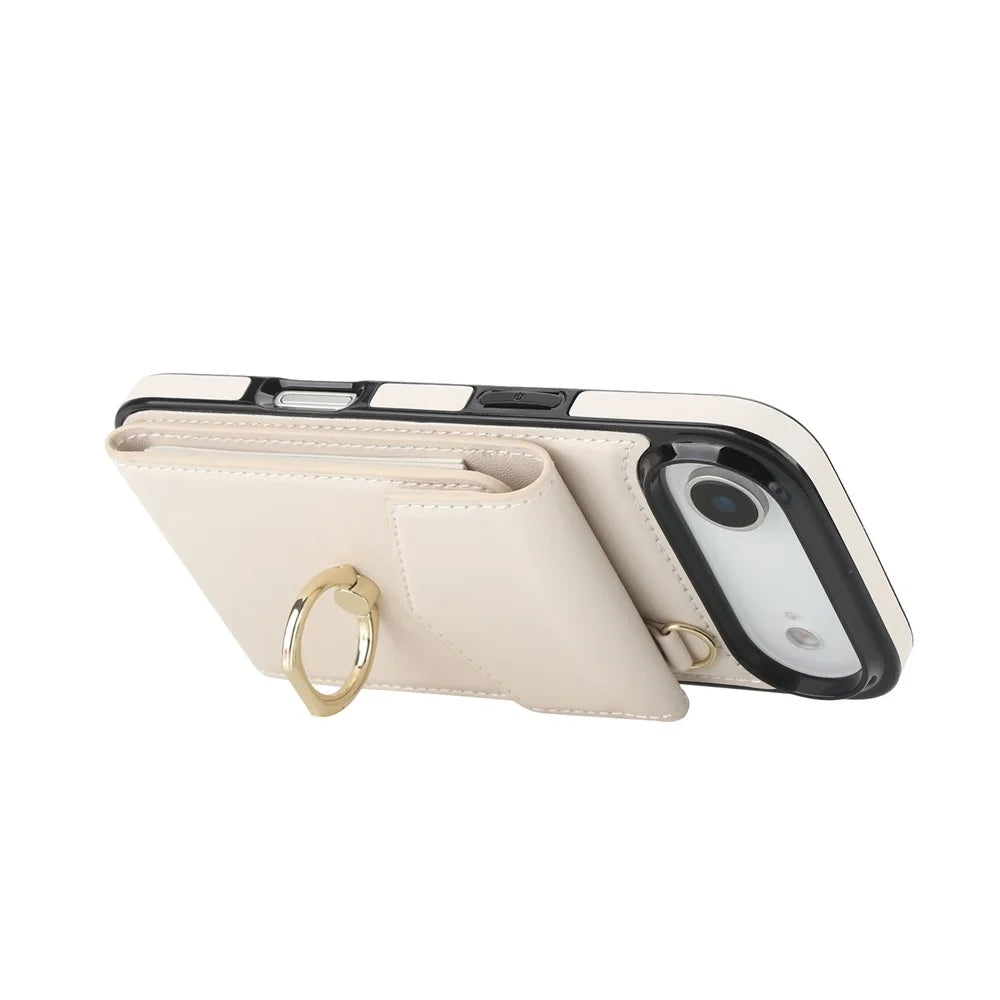 For iPhone Air Case Leather + TPU Accordion Card Bag Phone Cover with Ring Kickstand - Beige - 2