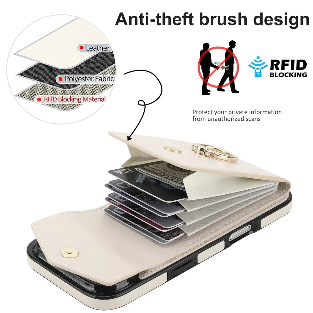 For iPhone Air Case Leather + TPU Accordion Card Bag Phone Cover with Ring Kickstand - Beige - 4