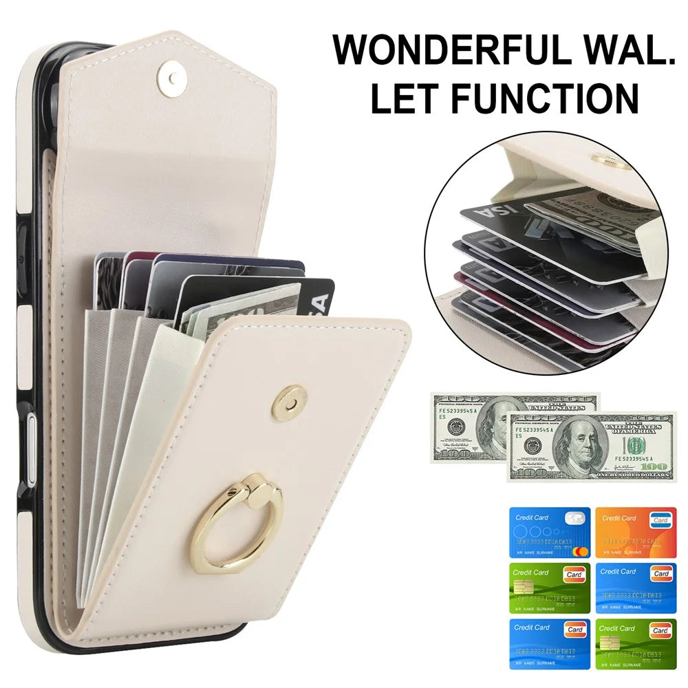 For iPhone Air Case Leather + TPU Accordion Card Bag Phone Cover with Ring Kickstand - Beige - 7