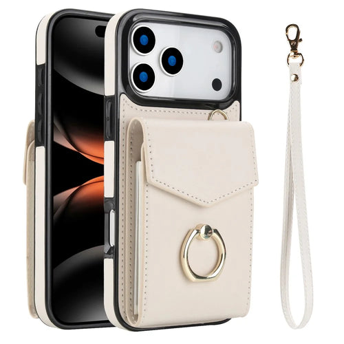 For iPhone 17 Pro Max Case Leather + TPU Accordion Card Bag Phone Cover with Ring Kickstand - Beige - 1