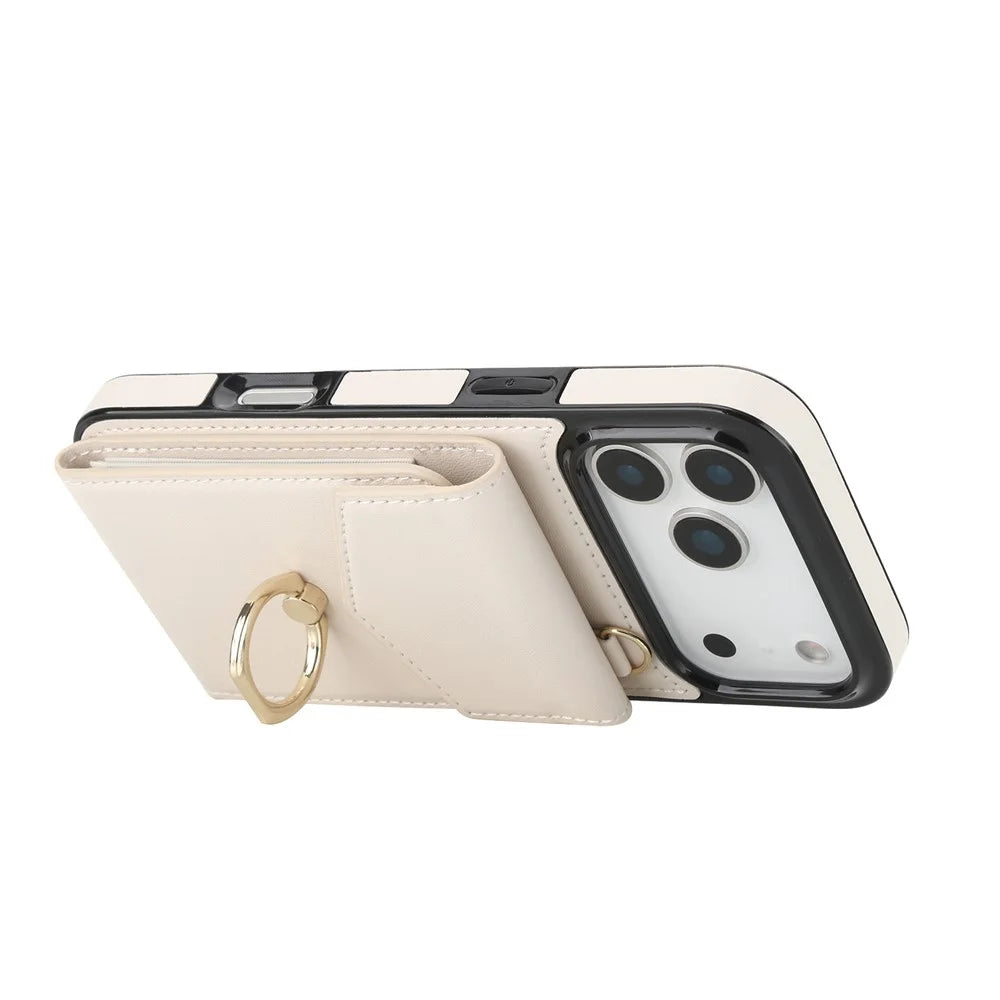 For iPhone 17 Pro Max Case Leather + TPU Accordion Card Bag Phone Cover with Ring Kickstand - Beige - 2