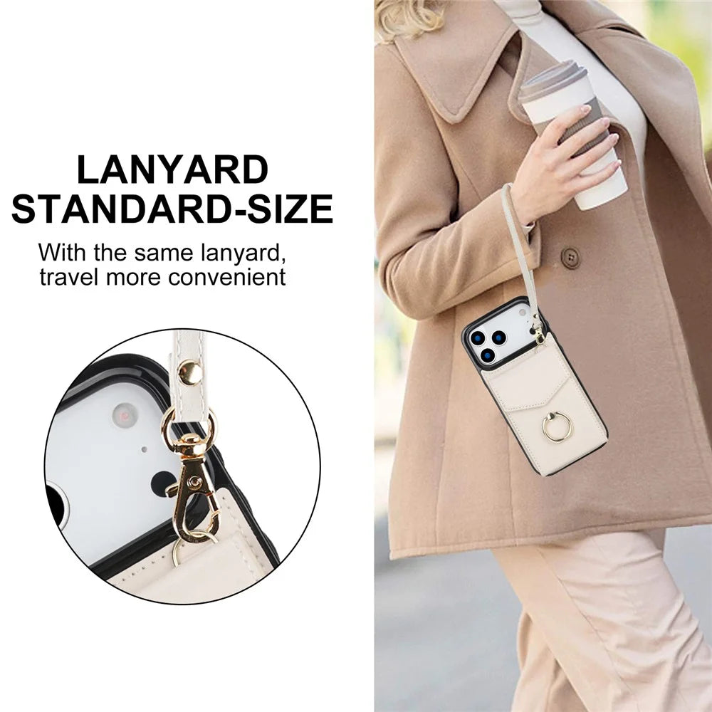 For iPhone 17 Pro Max Case Leather + TPU Accordion Card Bag Phone Cover with Ring Kickstand - Beige - 3