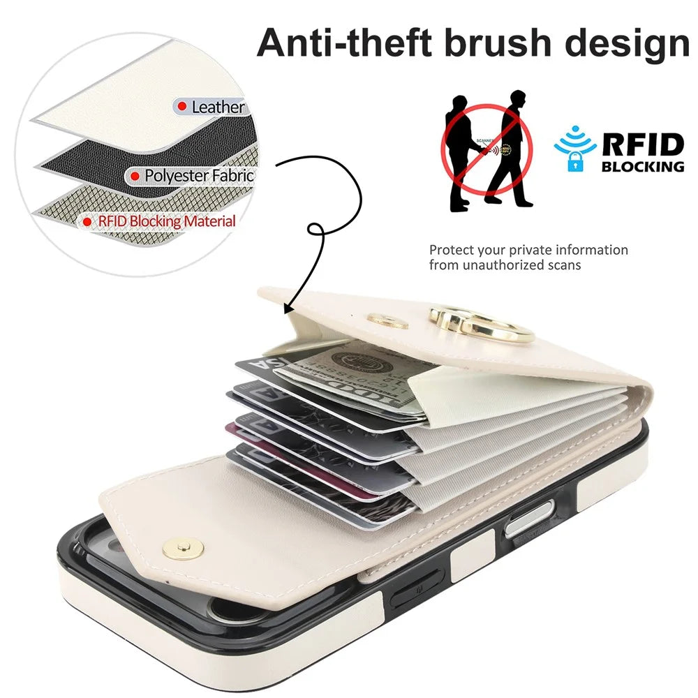 For iPhone 17 Pro Max Case Leather + TPU Accordion Card Bag Phone Cover with Ring Kickstand - Beige - 4