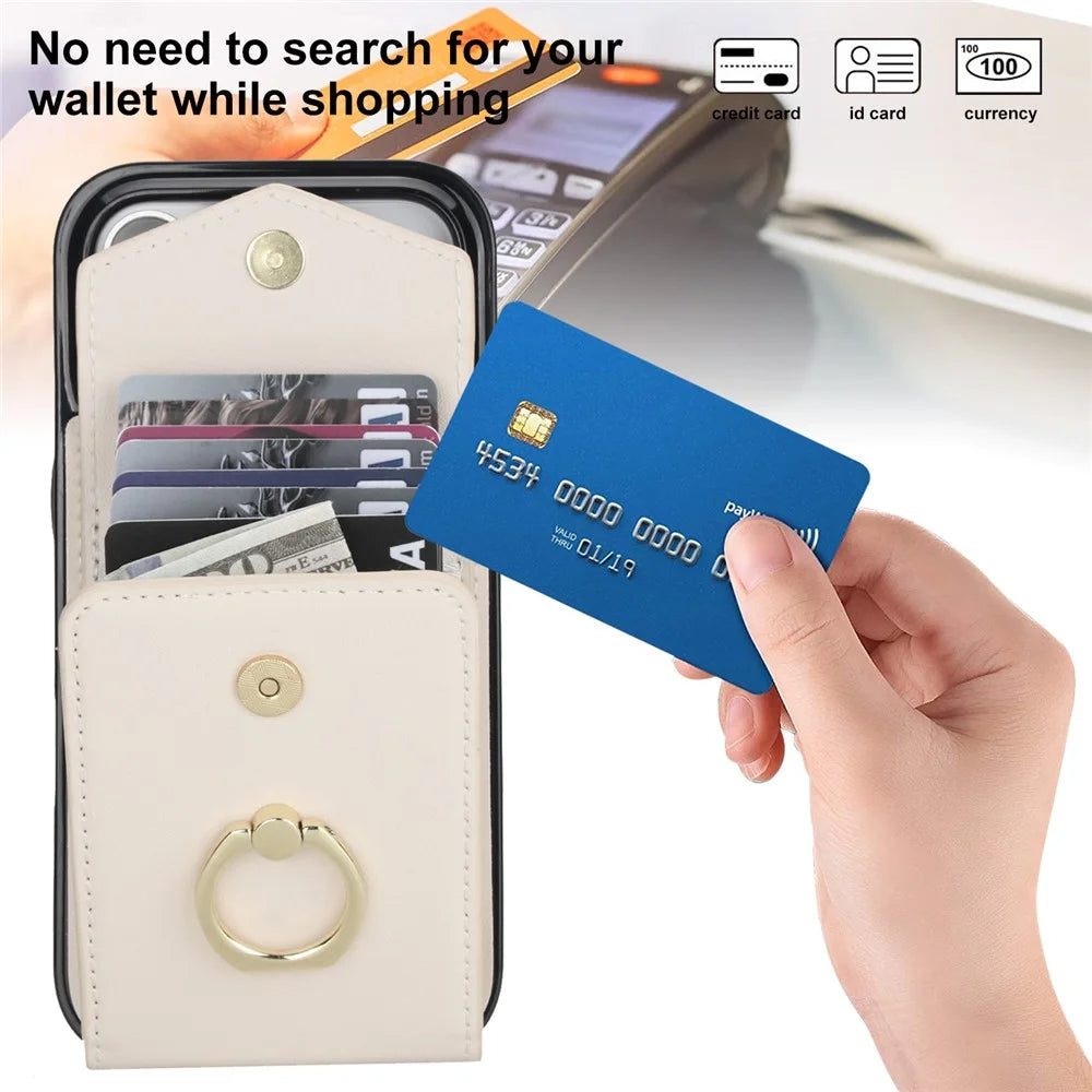 For iPhone 17 Pro Max Case Leather + TPU Accordion Card Bag Phone Cover with Ring Kickstand - Beige - 5
