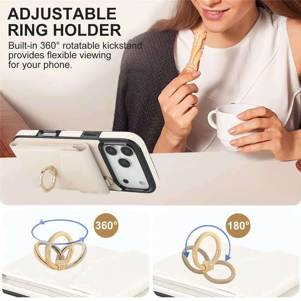 For iPhone 17 Pro Case Leather + TPU Accordion Card Bag Phone Cover with Ring Kickstand - Beige - 6