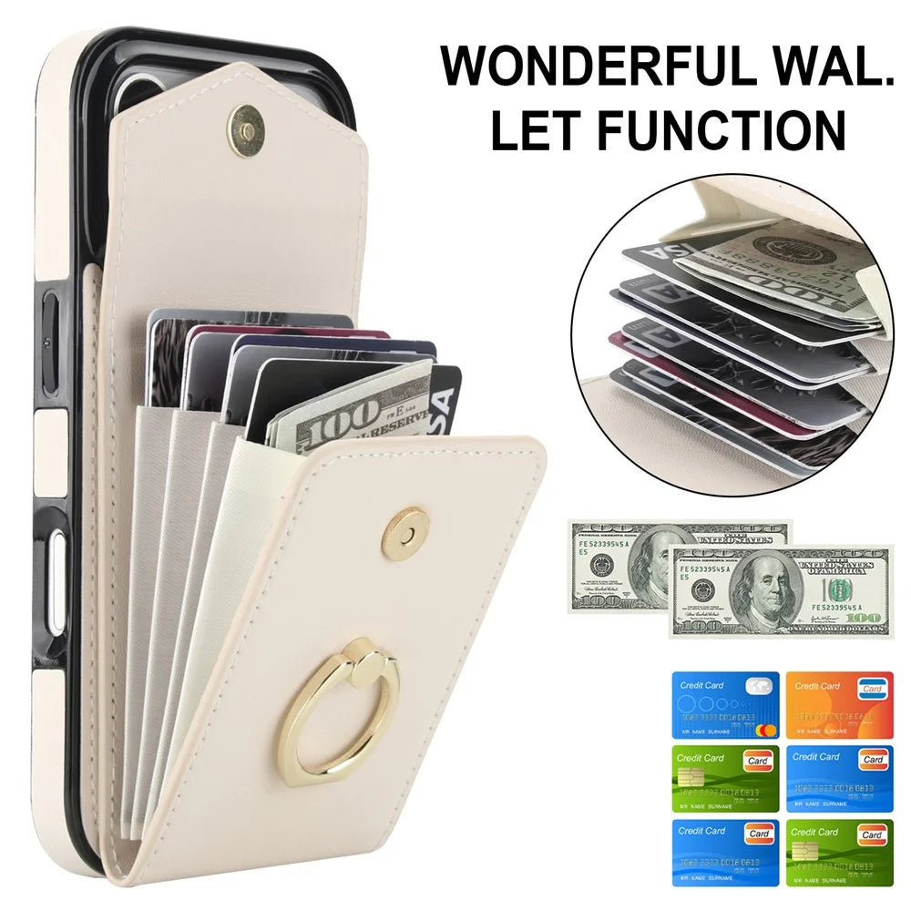 For iPhone 17 Pro Case Leather + TPU Accordion Card Bag Phone Cover with Ring Kickstand - Beige - 7