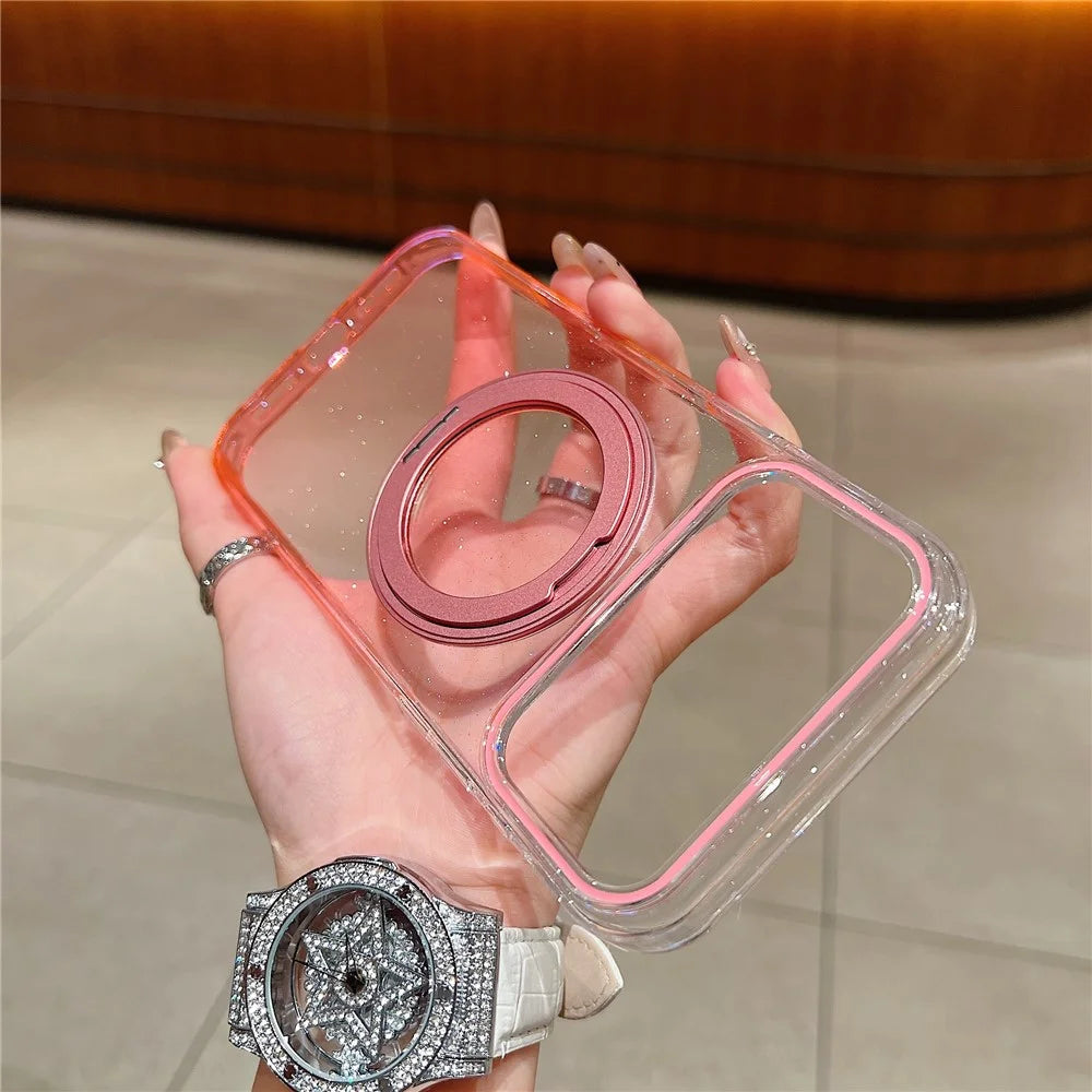 For iPhone 18 Pro / 17 Pro Magnetic Case 360 Rotating Ring Kickstand Gradient Clear TPU Phone Back Cover - Pink - 2