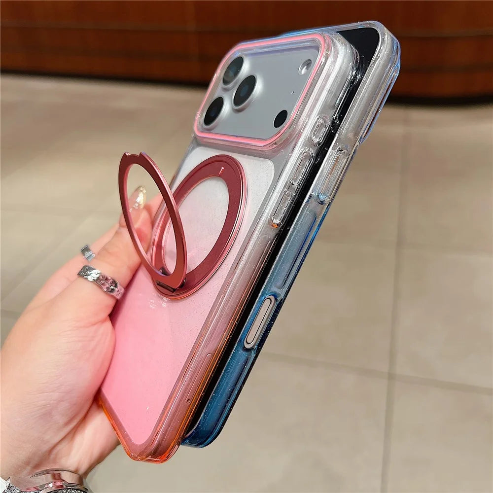 For iPhone 18 Pro / 17 Pro Magnetic Case 360 Rotating Ring Kickstand Gradient Clear TPU Phone Back Cover - Pink - 5