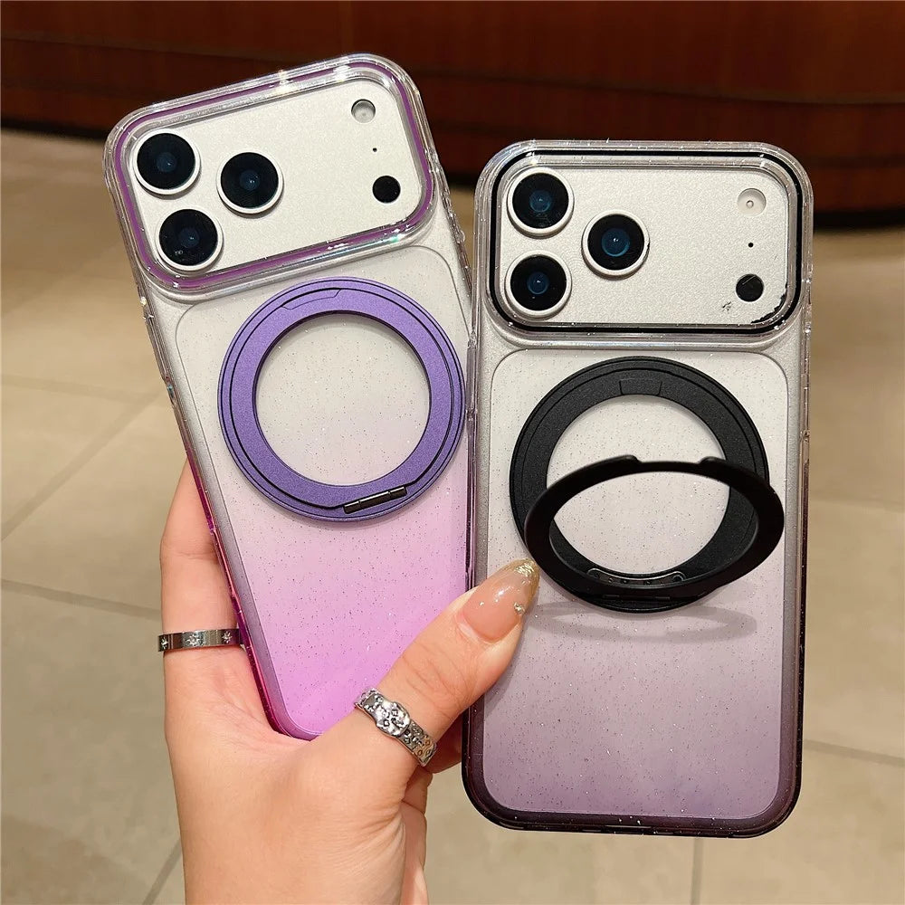 For iPhone 18 Pro / 17 Pro Magnetic Case 360 Rotating Ring Kickstand Gradient Clear TPU Phone Back Cover - Pink - 6