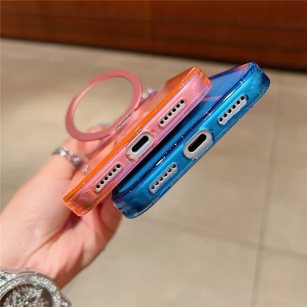 For iPhone 18 Pro / 17 Pro Magnetic Case 360 Rotating Ring Kickstand Gradient Clear TPU Phone Back Cover - Pink - 7